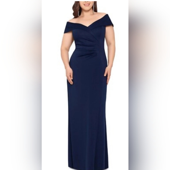 Xscape XC187 Gathered Off-The-Shoulder Evening Gown NWT Size 16 Navy Blue - Picture 1 of 5